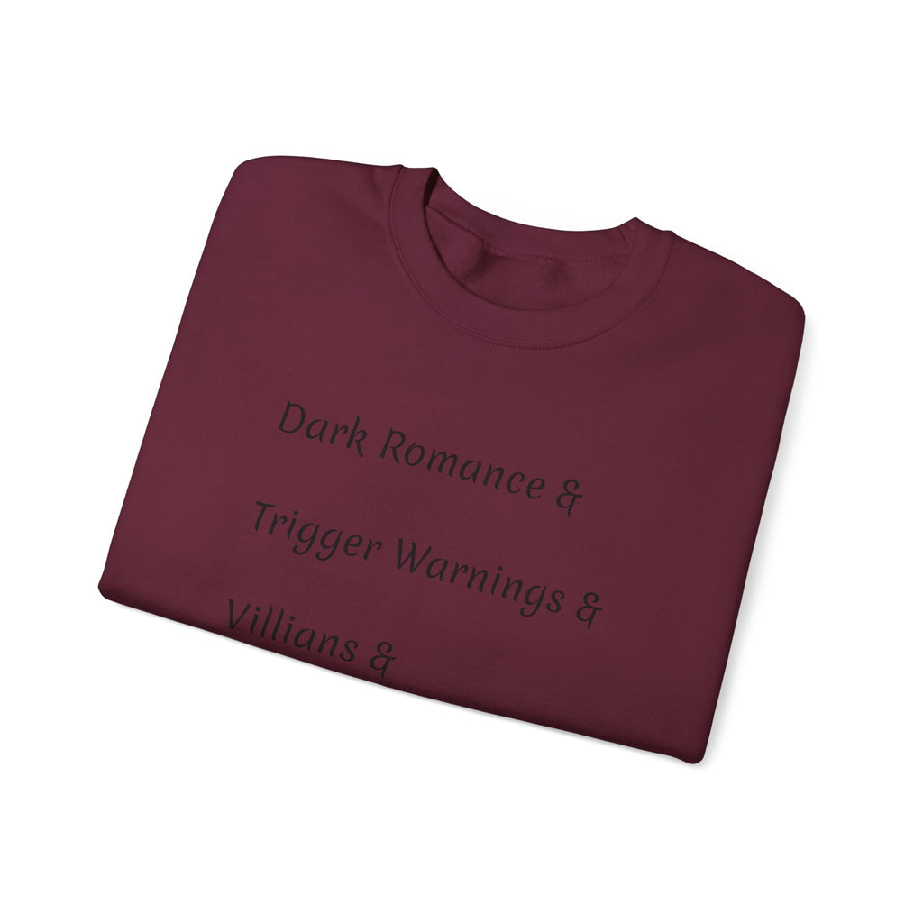 Crewneck Sweatshirt — 'Dark Romance & Trigger Warnings & Villains & Kidnapping & Reverse Harem' Minimal Text Design