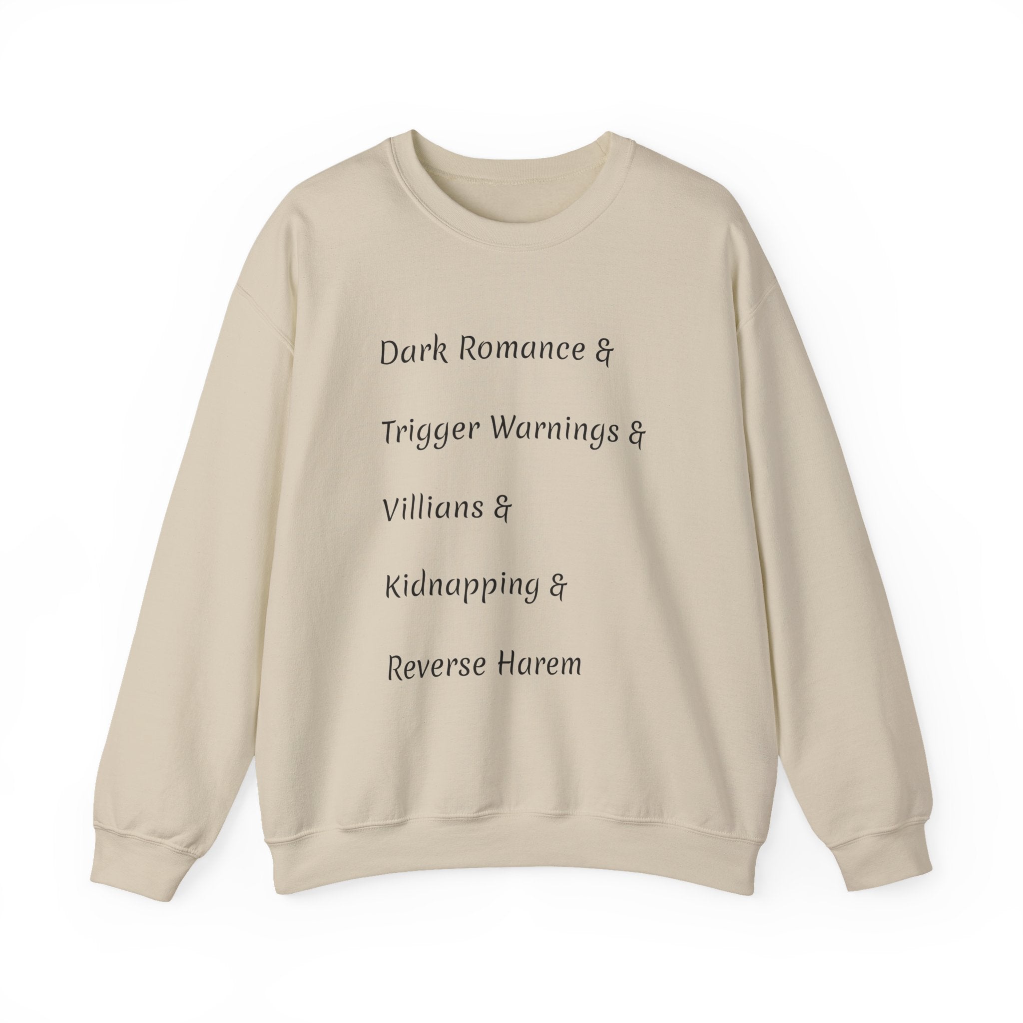 Crewneck Sweatshirt — 'Dark Romance & Trigger Warnings & Villains & Kidnapping & Reverse Harem' Minimal Text Design