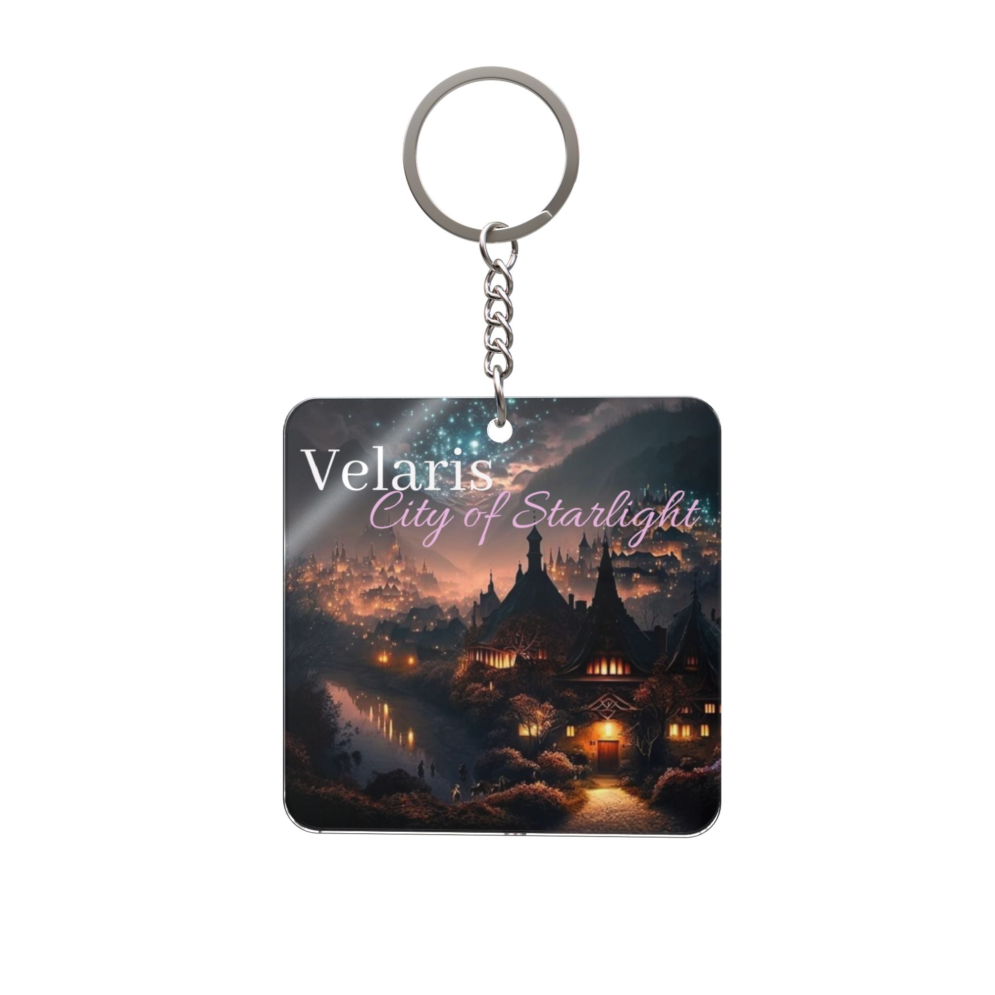Velaris City of Starlight Square Keychain — Fantasy Nightscape Keyring