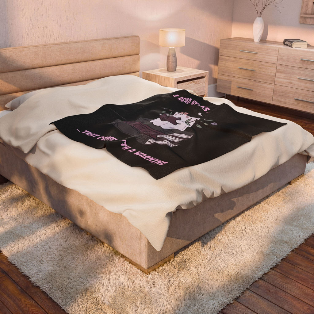 Velveteen Plush Blanket — Cute Ghost Reading ‘I Read Books…That Come With A Warning’ Cozy Throw