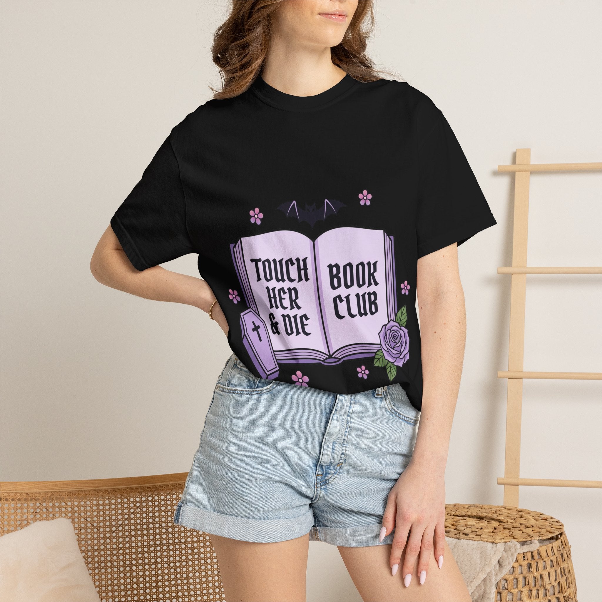 "Touch Her & Die" Gothic Reading Tee (Back: "Fictional Men Are Just Better")