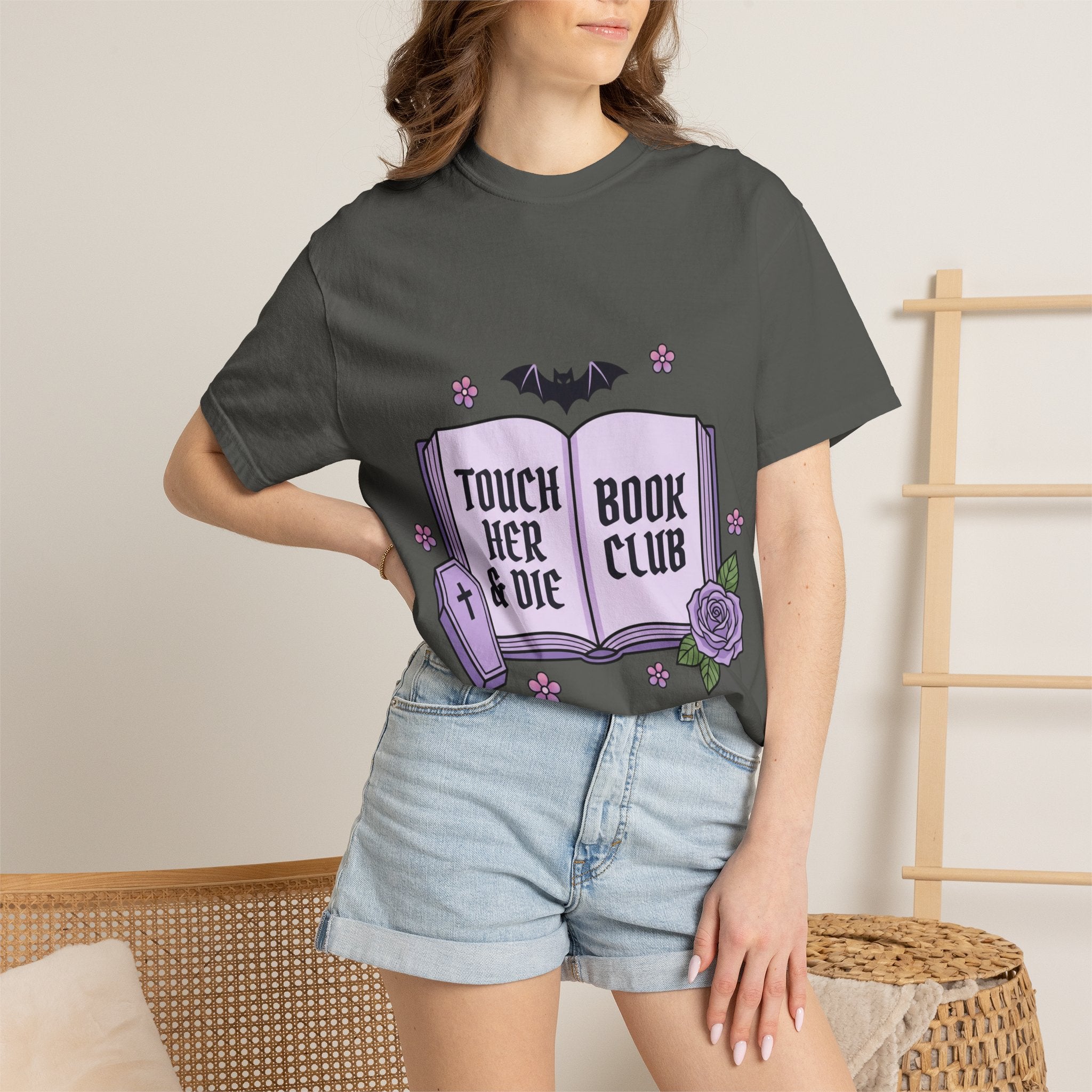 "Touch Her & Die" Gothic Reading Tee (Back: "Fictional Men Are Just Better")