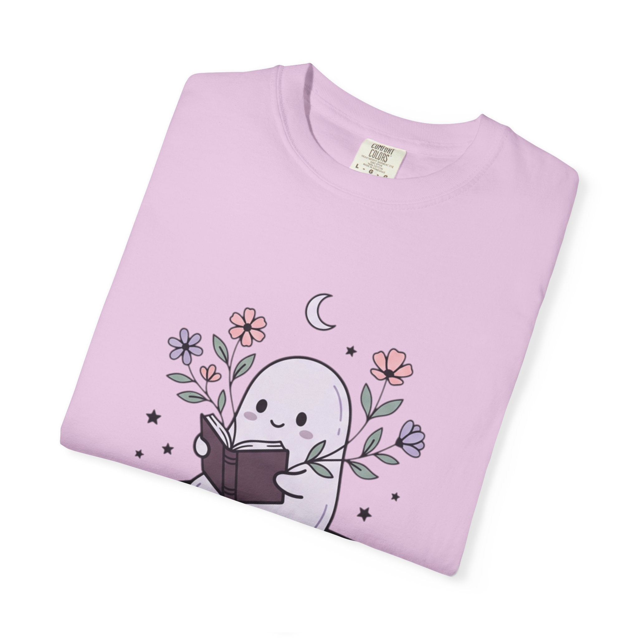 Ghost Reader T-Shirt — Cute Bookish Ghost Sitting on Stacked Books