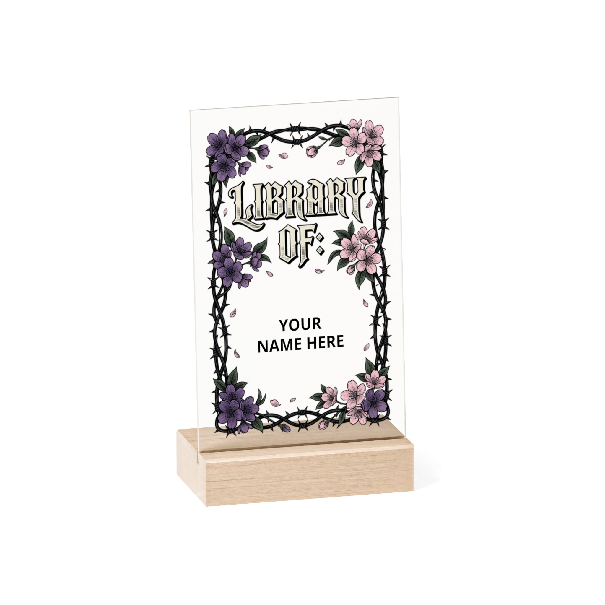 Personalized Gothic Library Acrylic Sign with Wooden Stand – "From the Library of: [Name]"