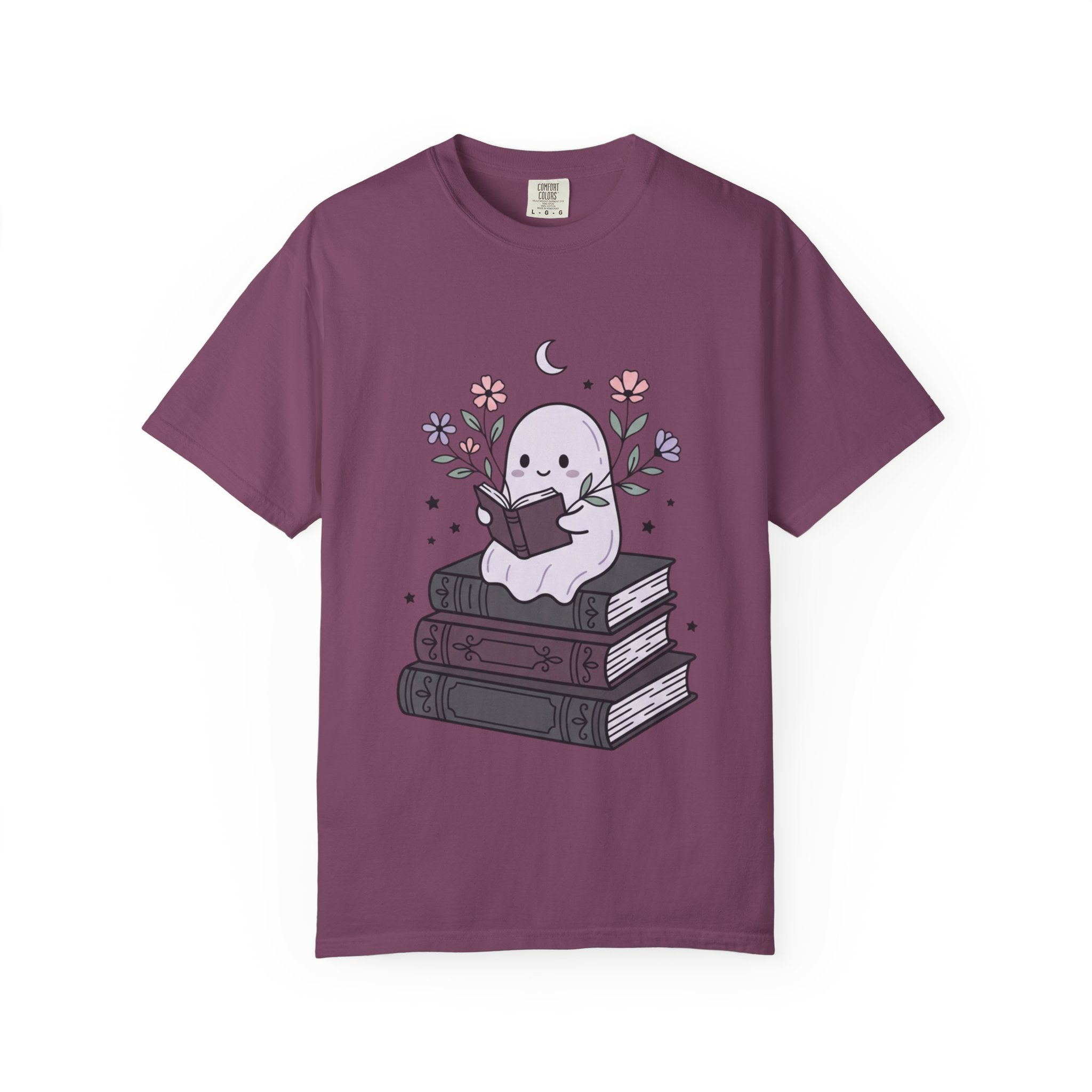 Ghost Reader T-Shirt — Cute Bookish Ghost Sitting on Stacked Books